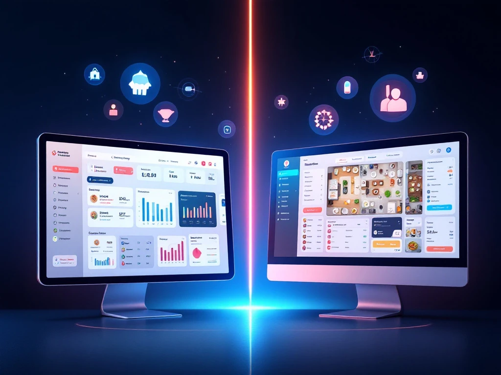 catering-restaurant-pos-systemen-dashboard-interface Vergelijking van cateringbeheer dashboard op tablet en restaurant kassasysteem op monitor met digitale interface-elementen