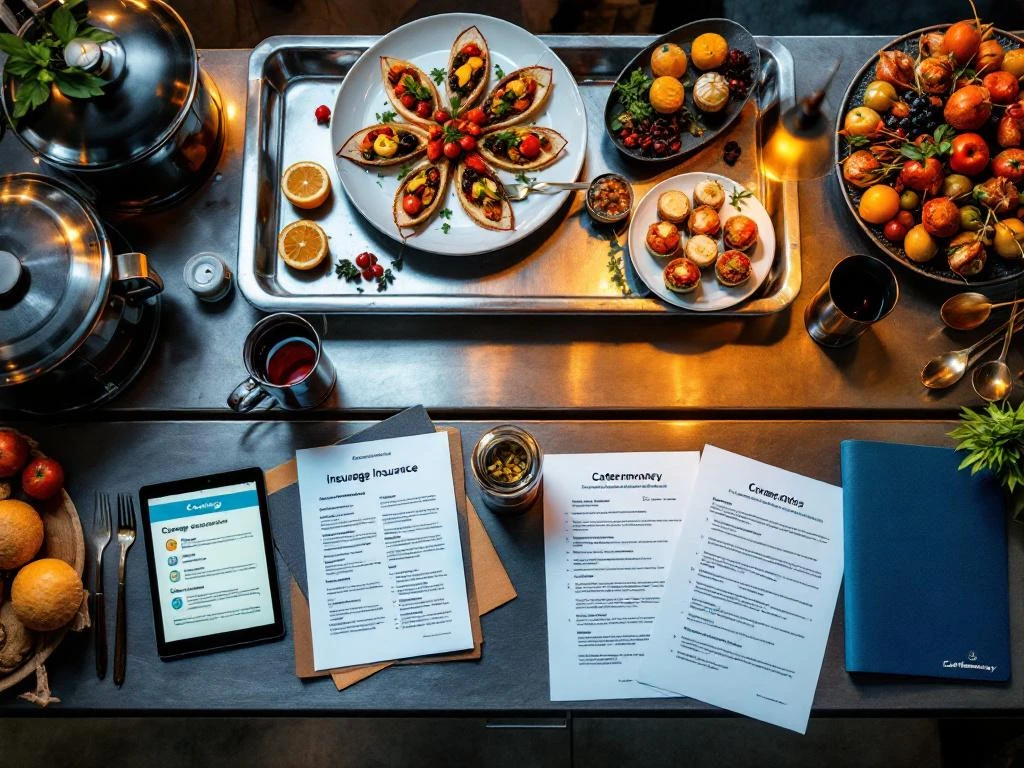 catering-verzekering-keuken-documenten-overhead Professionele cateringwerkplek met verzekeringsdocumenten, gourmet hapjes en chef-gereedschap op roestvrijstalen aanrecht