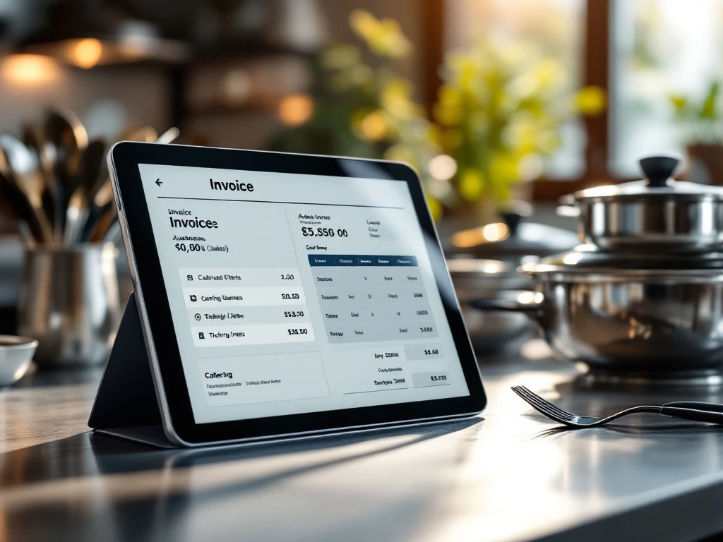 digitale-factuur-tablet-catering-keuken Tablet met digitale factuurinterface voor catering op moderne keukenblad met professionele serviesbenodigdheden