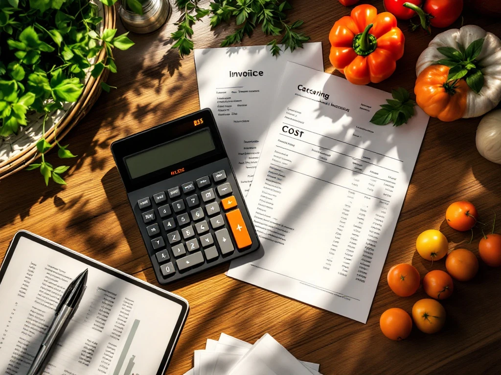 Calculator with orange display on wooden desk with catering invoices, tablet with spreadsheet and fresh ingredients