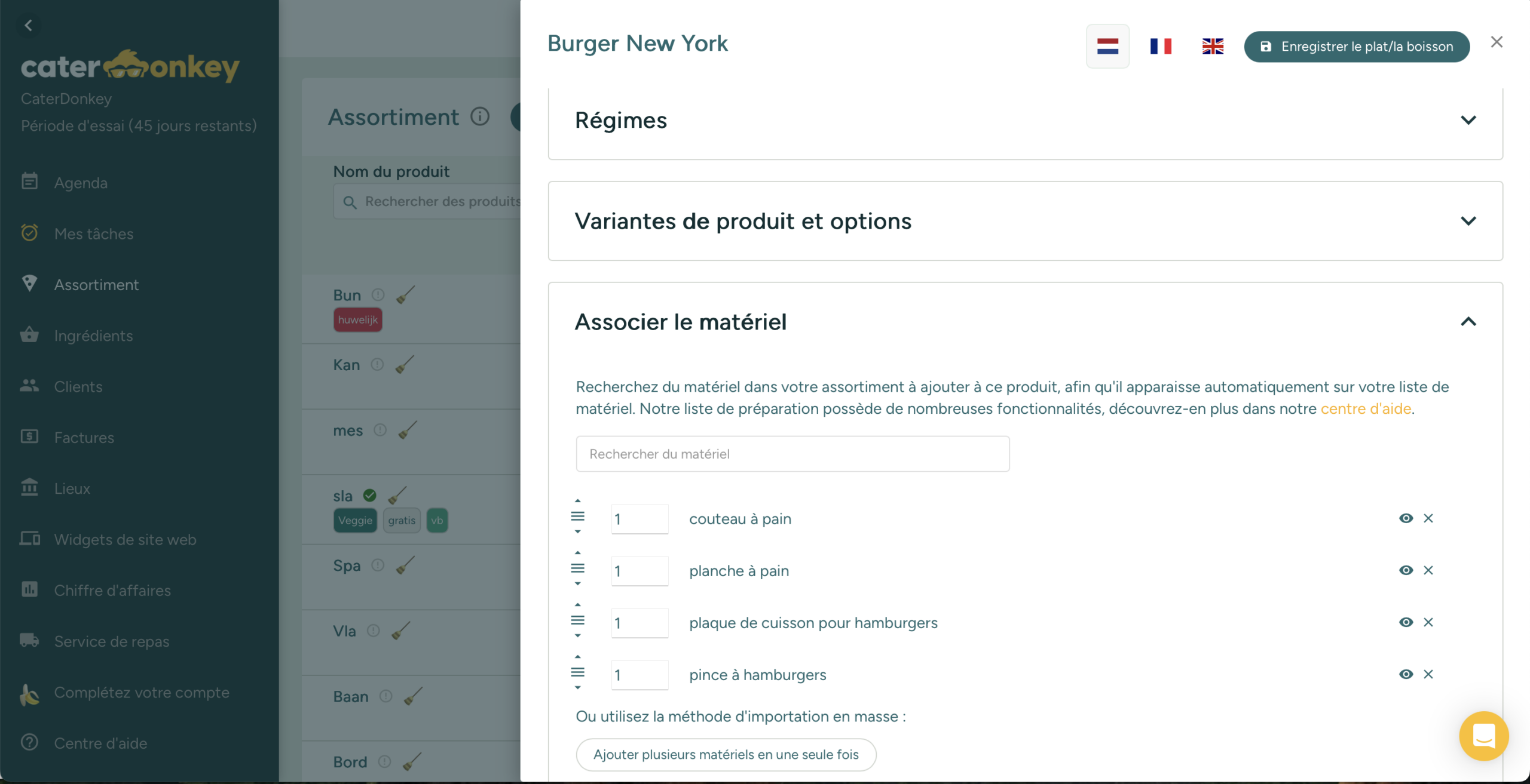 6. Associez les ingrédients et le matériel à vos menus