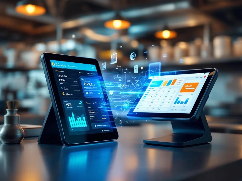 automatisering-bestel-software-tablet-kassasysteem Tablet met automatische inkoopsoftware verbonden via digitale datastromen met kassasysteem in commerciële keukenomgeving