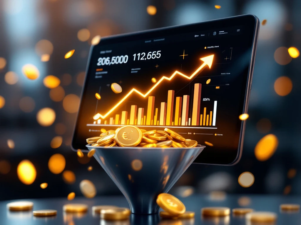 automatisering-inkoop-software-winst-tablet Tablet met geautomatiseerde inkoopsoftware waar gouden munten en eurobiljetten uit stromen in trechter, symboliseert winst