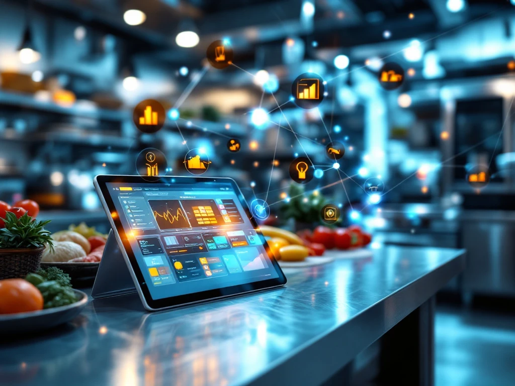 automatisering-inkoop-technologie-keuken-horeca Tablet met digitale bestelinterfaces op roestvrijstalen aanrecht in moderne commerciële keuken met holografische datavisualisaties