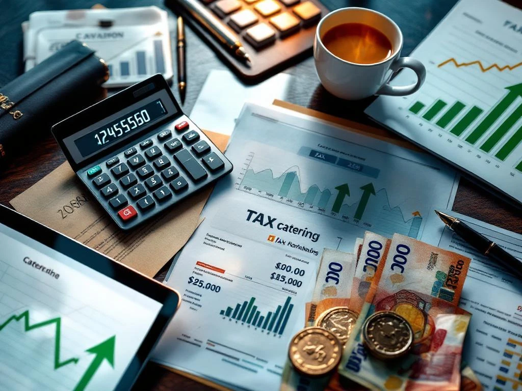 belasting-berekening-kantoor-bureau-financieel Moderne bureautafel met rekenmachine, eurorekeningen, belastingdocumenten en tablet met financiële grafieken