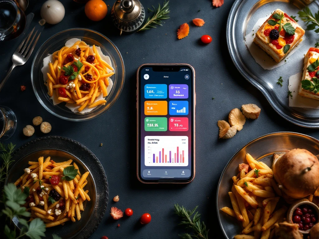 catering-app-smartphone-interface-overhead-view Smartphone met catering management app omringd door zilveren serveerplateaus, hapjes en wijnglazen op elegante tafel
