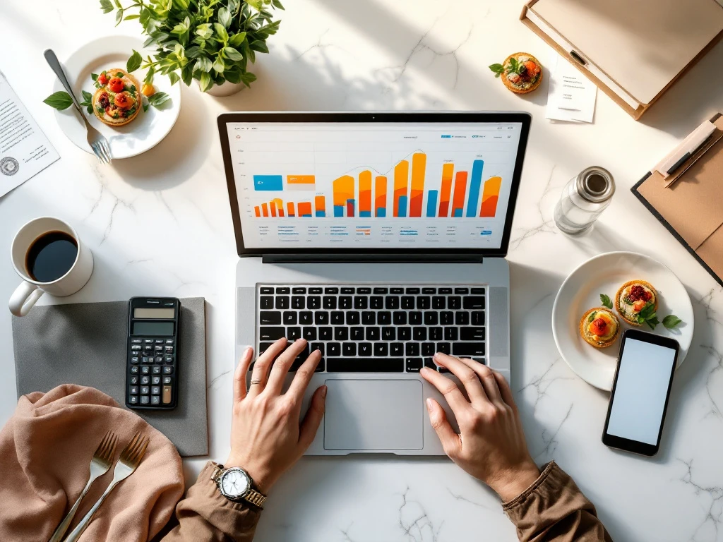 catering-boekhouding-laptop-financiele-grafieken Laptop met financiële grafieken op marmeren bureau omringd door cateringbenodigdheden en rekeningen