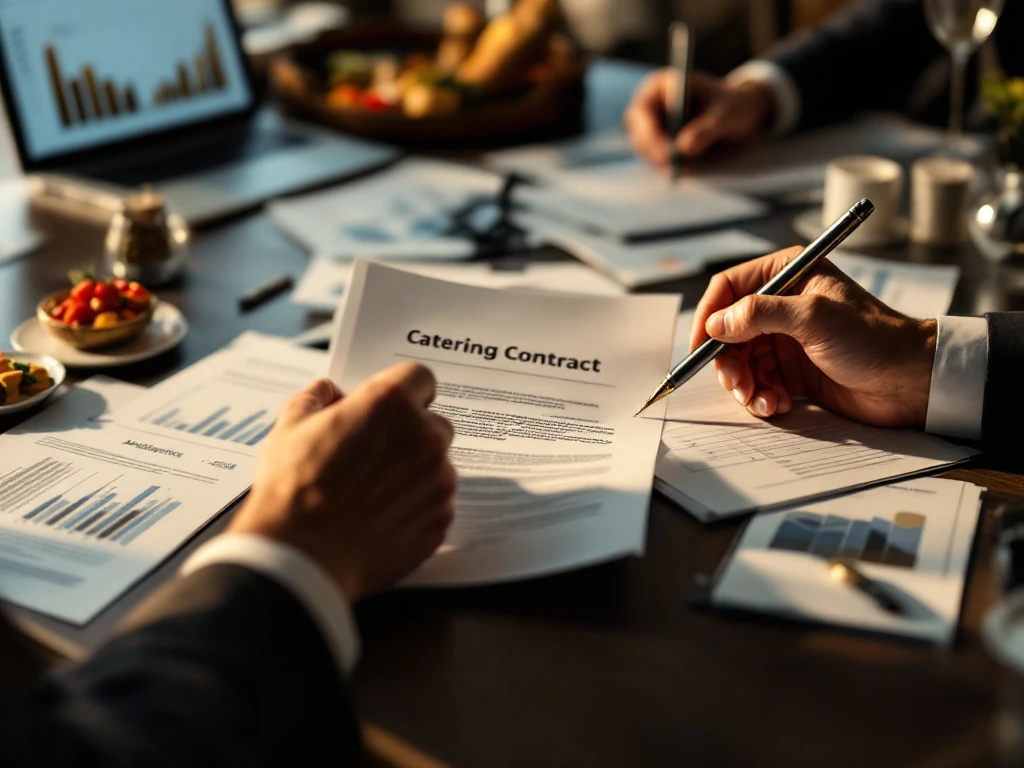 catering-contract-zakenman-handen-analyse Zakenman houdt verkreukeld cateringcontract vast naast laptop met analytics en voorstel documenten op conferentietafel