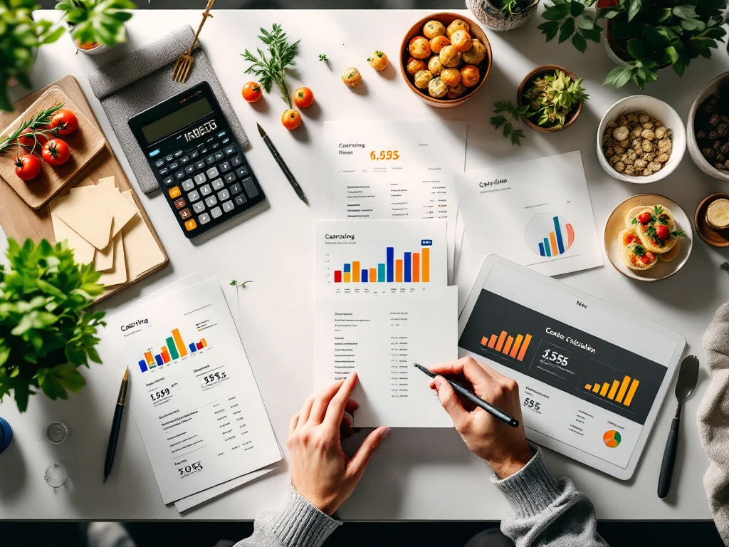 catering-kosten-calculatie-bureau-planning Bovenaanzicht van moderne bureau met rekenmachine, facturen, cateringmenu's en tablet met kostengrafiek voor bedrijfsplanning