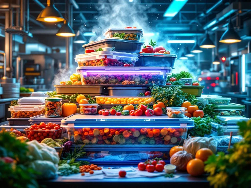 catering-logistiek-voedsel-transport-planning Gestapelde geïsoleerde voedselcontainers en thermische tassen in industriële keuken met leveringsschema's en routekaarten