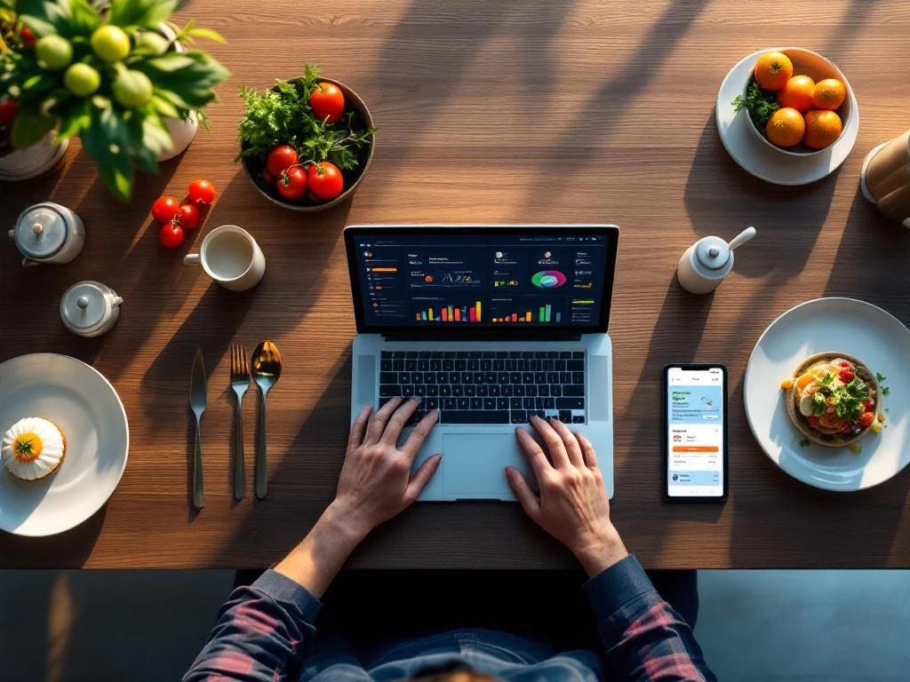 catering-management-dashboard-laptop-kantoor Moderne bureauopstelling met laptop met klantenbeheer dashboard, catering servies en tablet voor horecamanagement