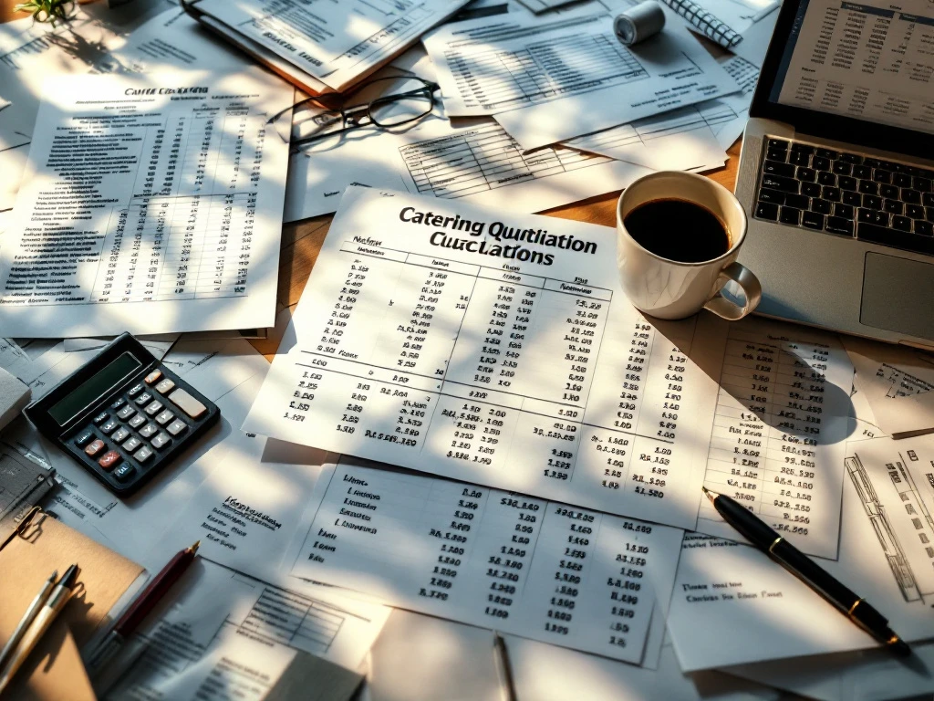 catering-offerte-berekening-bureau-documenten Rommelig bureau met cateringoffertes, rekenmachine, facturen en laptop met spreadsheets in warm kantoorlicht