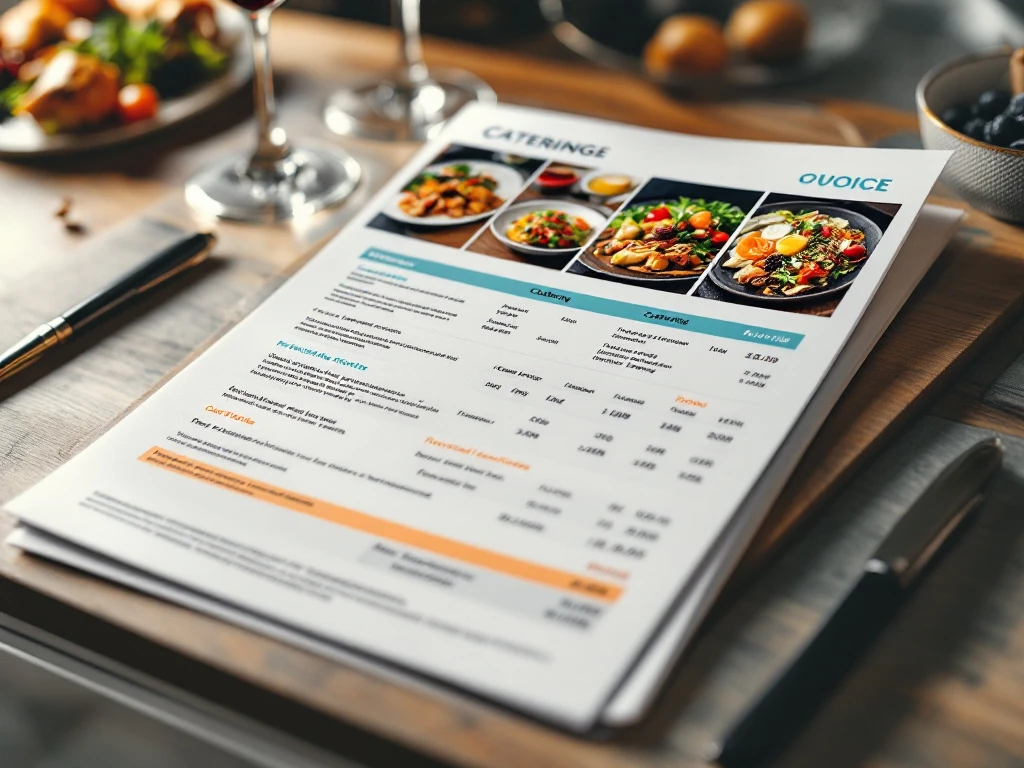 catering-offerte-document-fotorealistisch-design Professioneel cateringofferte document met voedsel foto's en kleurrijke grafieken op modern bureau met wijnglazen