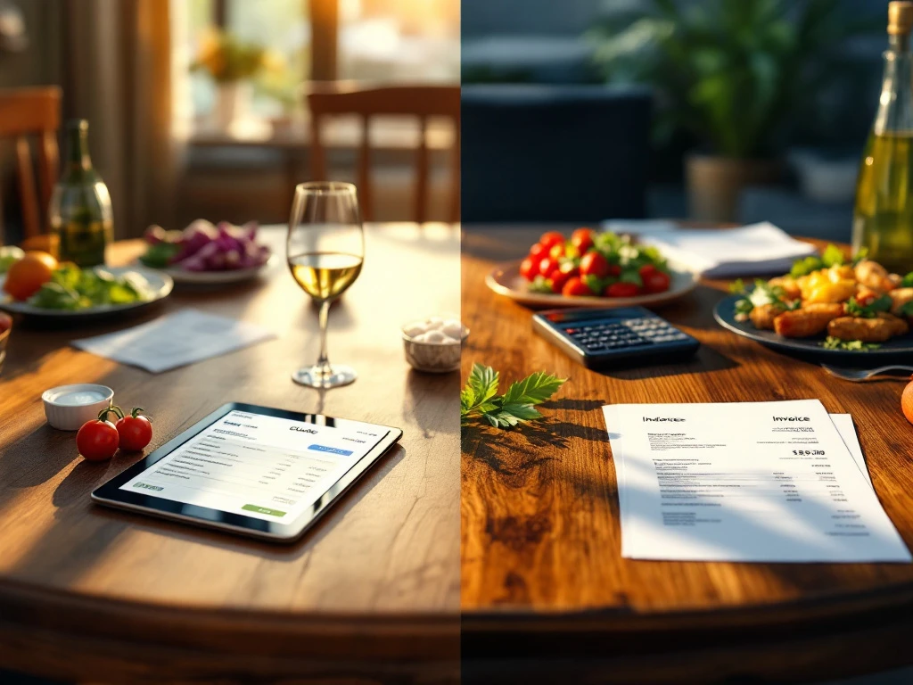 catering-offerte-factuur-tablet-vergelijking Twee elegante houten tafels tonen digitale offerte-interface en gedrukte facturen voor catering bedrijf