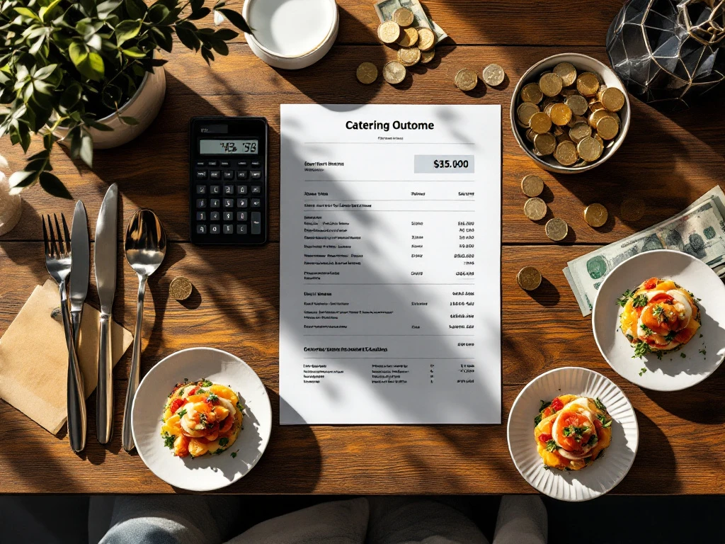 catering-offerte-kosten-berekening-bureau Cateringofferte op houten bureau met rekenmachine, euro's, tablet met spreadsheet en gourmet hapjes voor financiële planning