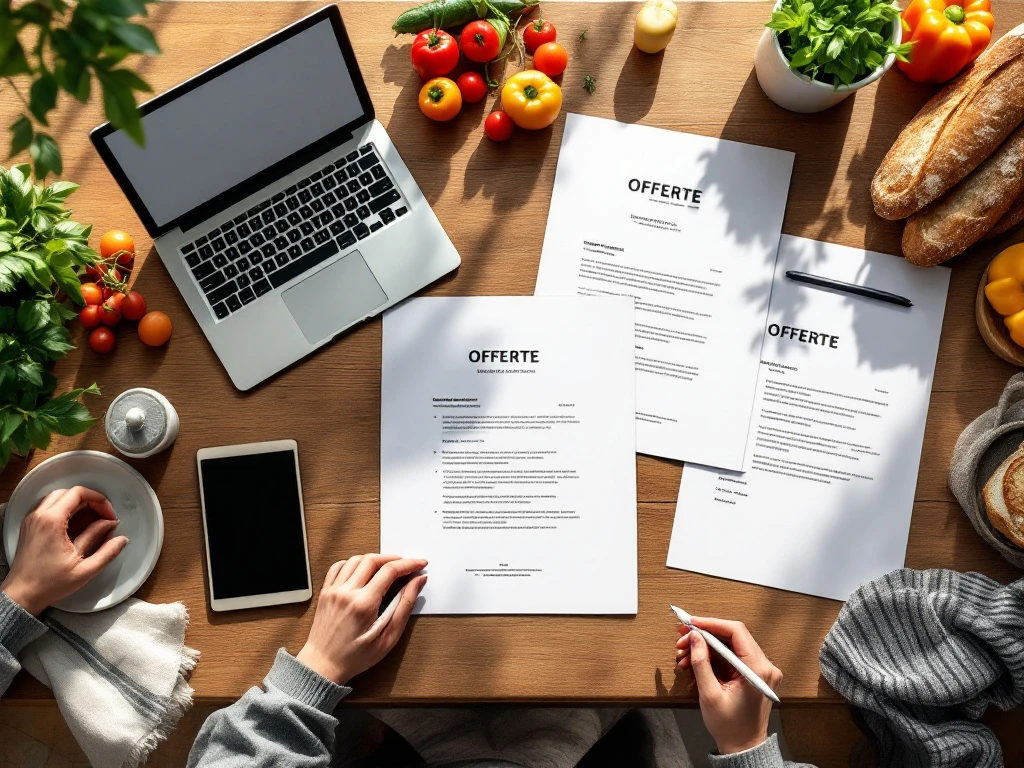 catering-offerte-sjablonen-bureau-laptop Houten bureau met catering offerteformulieren, laptop, tablet en verse ingrediënten in professionele werkruimte