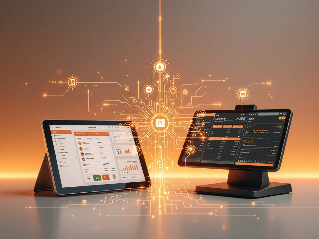 catering-software-pos-systeem-integratie Tablet met catering software verbonden aan restaurant POS-systeem via digitale datastromen, professionele keuken technologie