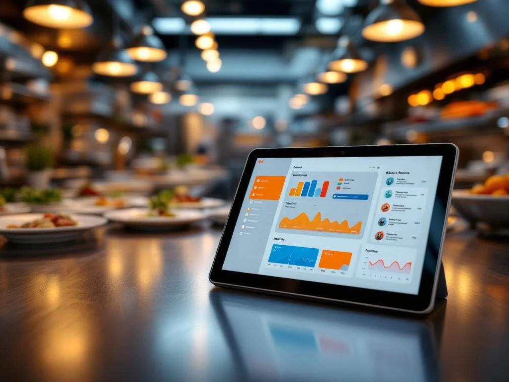 Tablet met catering software dashboard in moderne restaurantkeuken met roestvrijstalen werkbladen en professionele apparatuur