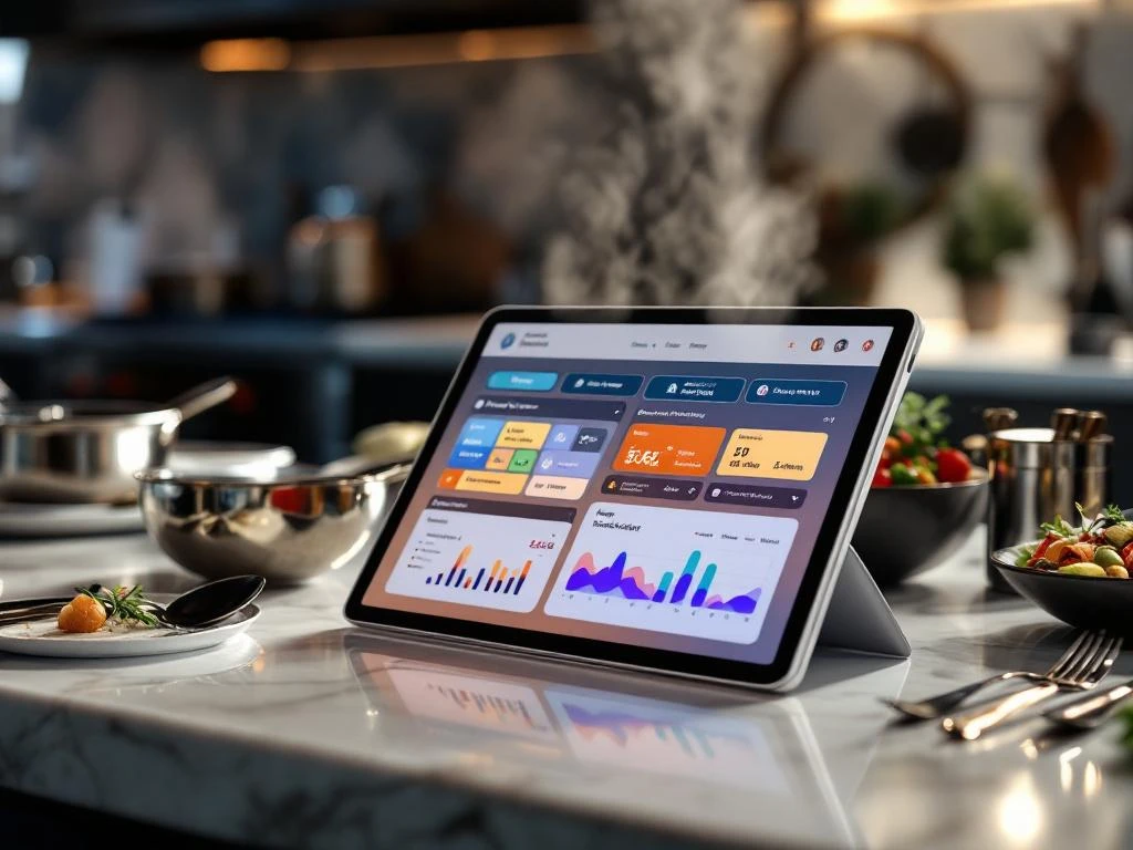 catering-software-tablet-dashboard-interface Catering software dashboard op tablet met menu planning, ordergrafieken en planning tools op marmeren keukenblad