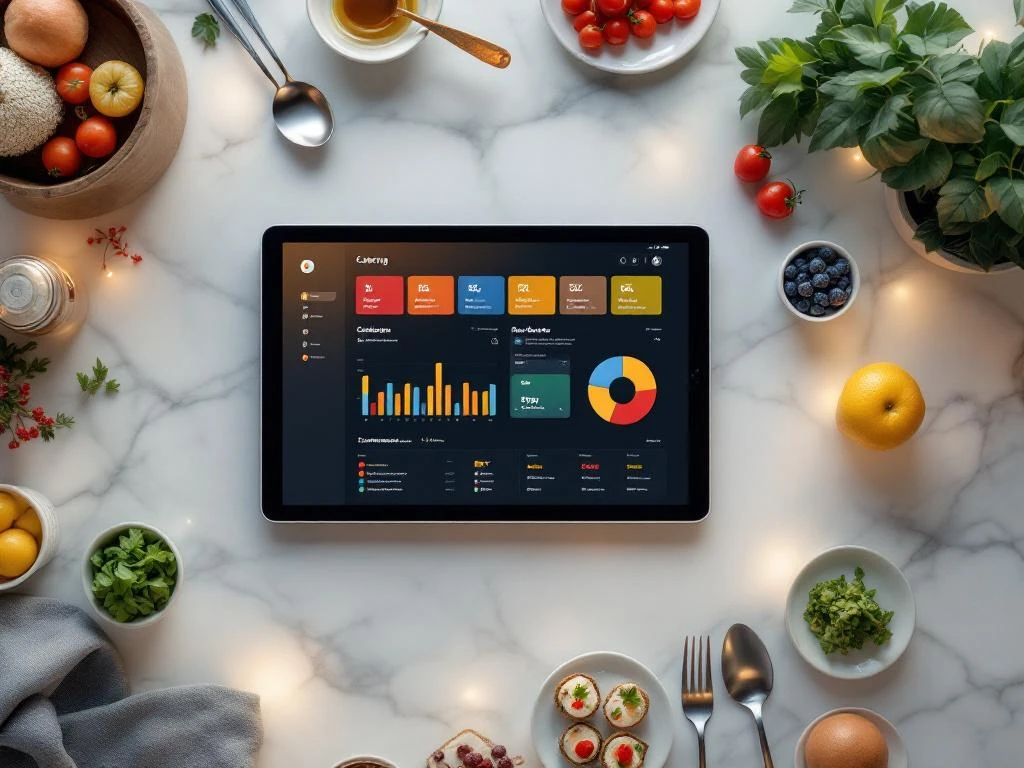 catering-software-tablet-dashboard-overhead Tablet met cateringbeheer software op marmeren oppervlak omringd door serveerbestek en ingrediënten