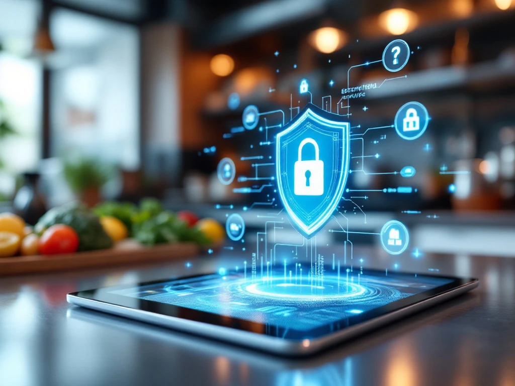 digitale-beveiliging-tablet-restaurant-keuken Tablet met digitale beveiligingsinterface op restaurantkeuken aanrecht, holografische blauwe schildiconen zweven erboven