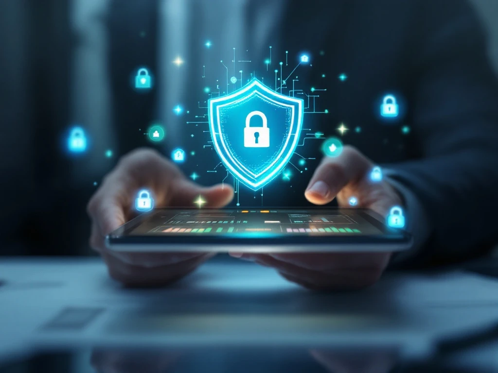 digitale-tablet-inkoop-dashboard-beveiliging Digitale tablet toont geautomatiseerd inkoopplatform met beveiligingspictogrammen en goedkeuringsworkflows