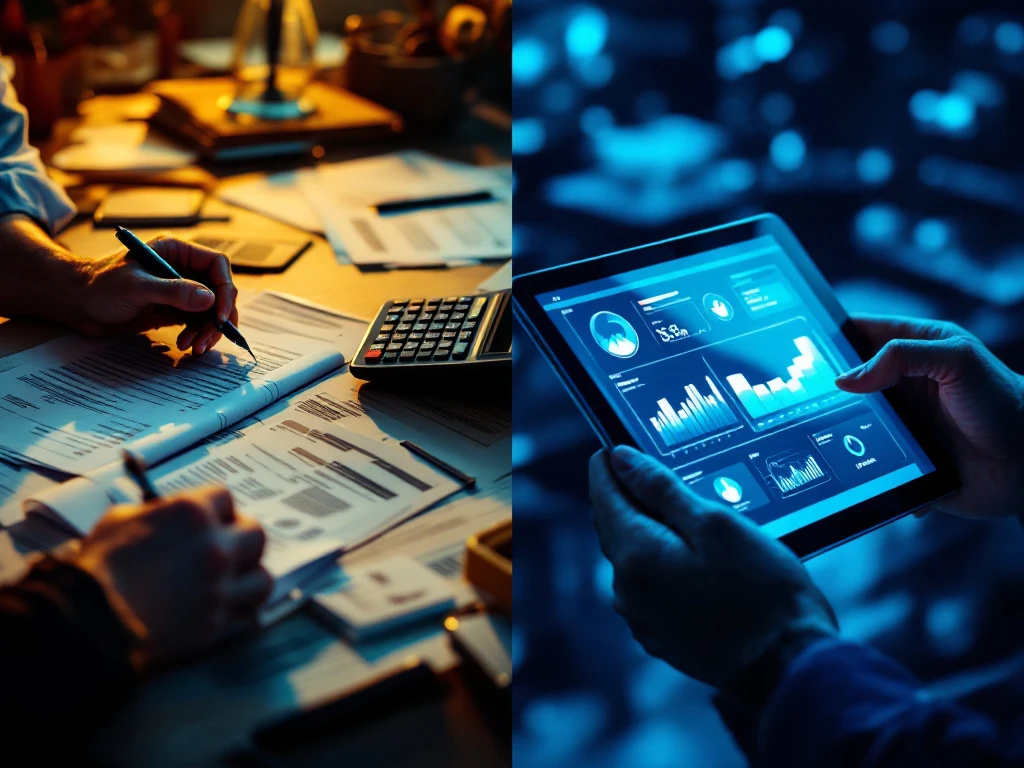 horeca-inkoop-automatisering-traditioneel-digitaal Gesplitst scherm toont traditionele papieren facturen versus geautomatiseerde digitale inkoopprocessen voor horecabedrijven