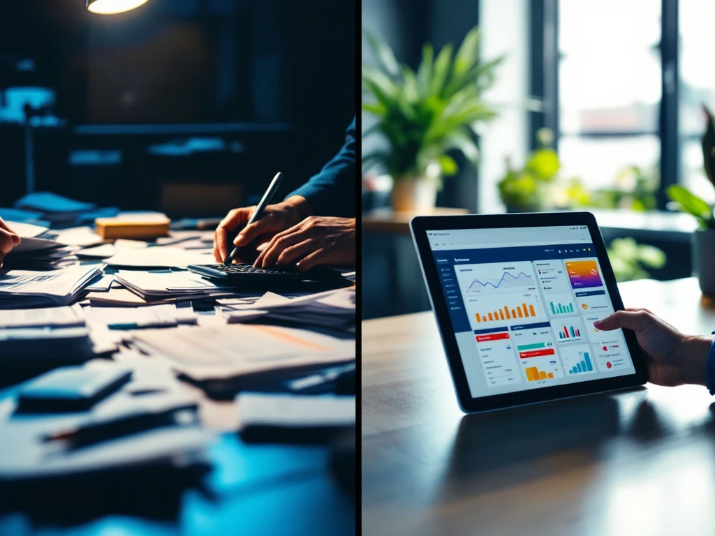 inkoop-automatisering-handmatig-vs-digitaal-proces Split-screen vergelijking van handmatige versus geautomatiseerde inkoop: rommelig bureau met papieren tegenover moderne tablet
