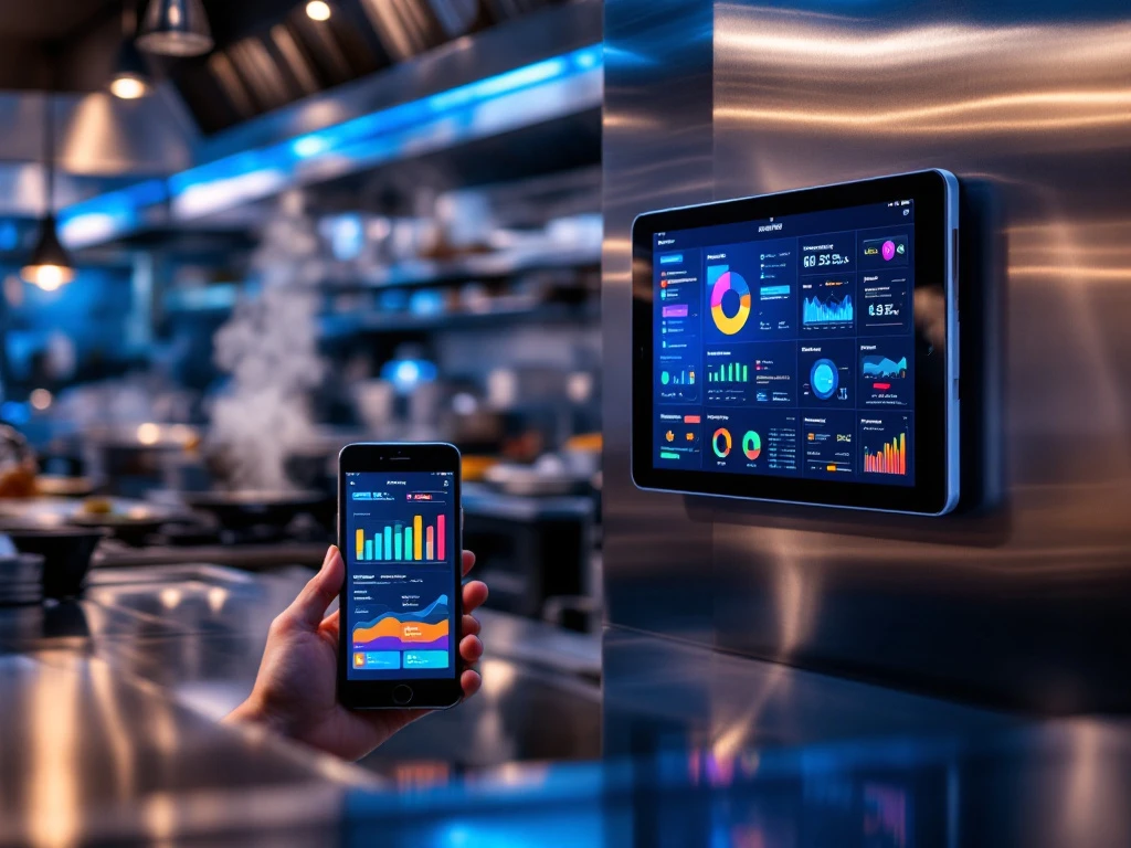 keuken-management-software-restaurant-technologie Moderne commerciële keuken met digitale tablet en smartphone die keukenmanagementsoftware tonen