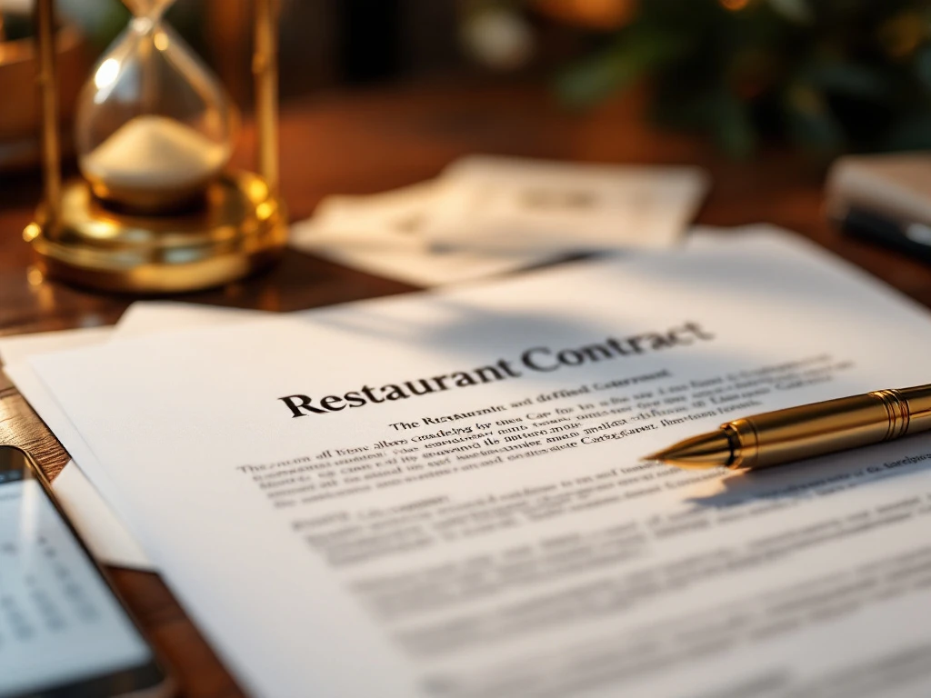 restaurant-contract-document-gouden-pen-houten-tafel Restaurantcontract op houten tafel met gouden vulpen, smartphone met agenda en cateringmenu's op achtergrond