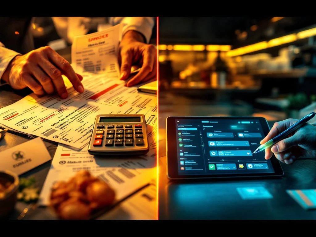 restaurant-inkoop-digitaal-versus-papier-chaos Split-screen vergelijking van chaotische papieren facturen versus georganiseerde digitale bestelinterface op tablet in professionele keuken