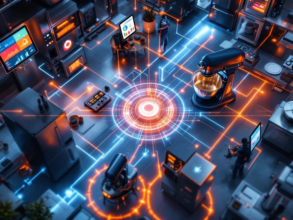 slimme-keuken-technologie-apparaten-connectiviteit Moderne keuken met slimme apparaten verbonden door gloeiende datastromen, tablets tonen dashboards met grafieken