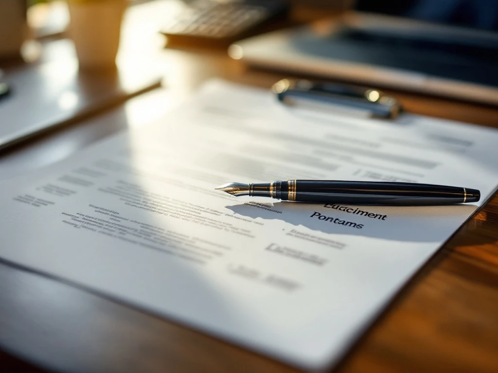 zakelijk-document-bureau-fonteinpen-laptop Zakelijk document met vulpen op houten bureau, laptop en rekenmachine op achtergrond in modern kantoor