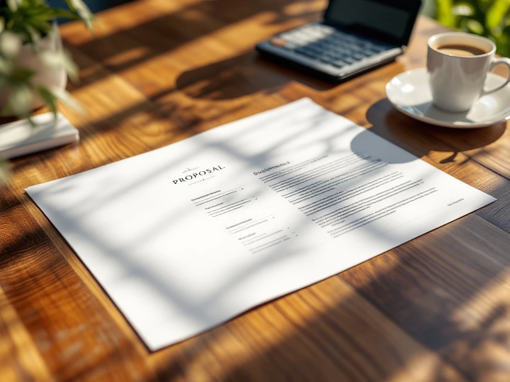 zakelijk-voorstel-document-bureau-professioneel Open zakelijk voorstel document op houten bureau met pen, calculator en koffiekop in professionele kantooromgeving