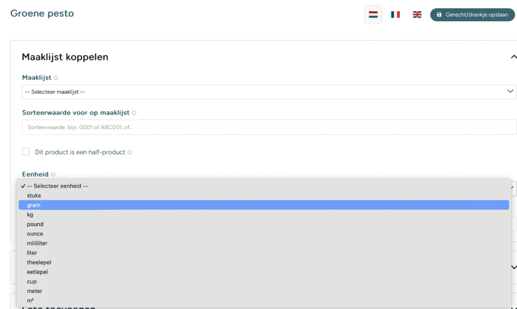 Halfproduct toevoegen