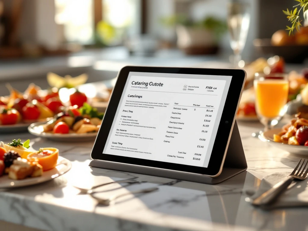 Tablet met professionele catering offertetemplate op marmeren aanrecht, omringd door gourmet hapjes en wijnglazen