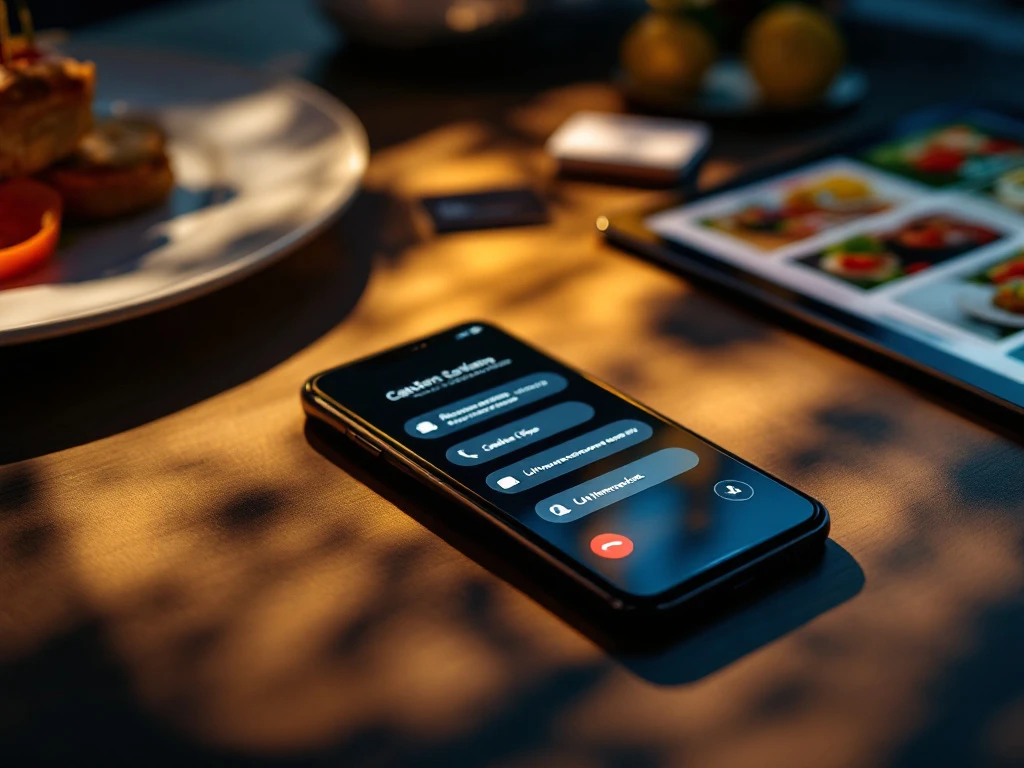 Smartphone met onbeantwoorde oproepen op bureau omringd door cateringmenu's en visitekaartjes