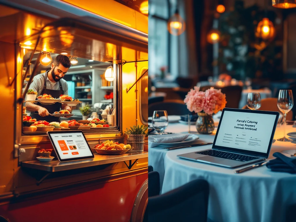 Foodtruck met open servicevenster en restaurant interieur tonen casual versus formele catering opties met tablets en laptops