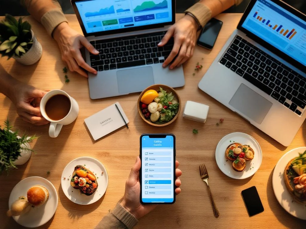 Moderne bureauopstelling met tablets en laptops die cateringsoftware tonen, omringd door hapjes en koffie