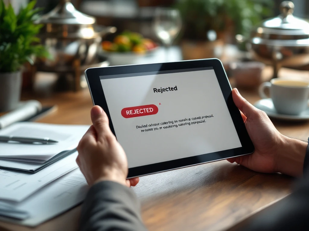 Professionele handen houden tablet met afgewezen cateringvoorstel op houten bureau met documenten en koffiekop
