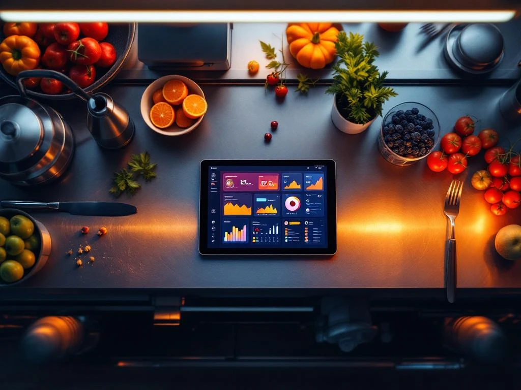 Tablet met kleurrijke software-interface boven moderne cateringkeuken met roestvrijstalen werkbladen en professionele apparatuur