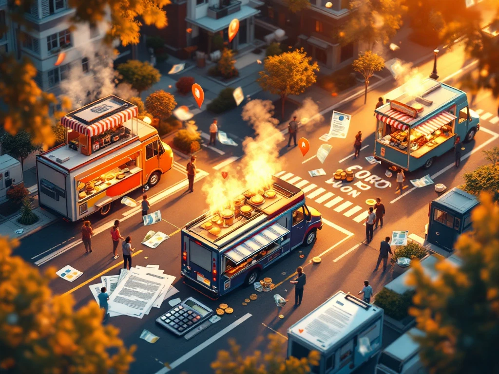 Bovenaanzicht van kleurrijke foodtrucks op stedelijke locatie met eurobiljetten, rekenmachine en contracten op voorgrond
